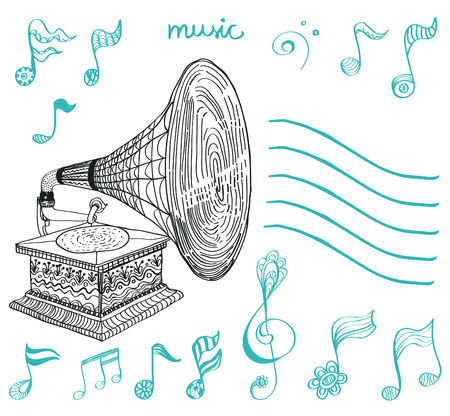 Vintage Gramophone, Record player background with floral notes, musical setのイラスト素材