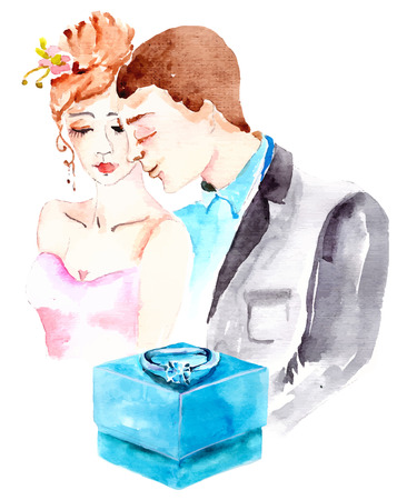 Watercolor couple in love, bride and groom and box with ringのイラスト素材