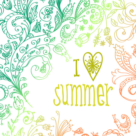 Doodle floral card with flowers and birds. Beautiful pattern with floral ornament for design of cards, notebook covers, children design and other. Spring theme background.のイラスト素材