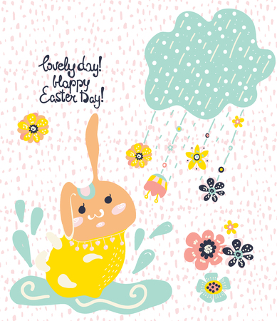 Easter card with rabbit, beautiful colorful card with flowersのイラスト素材