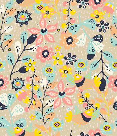 Colorful natural seamless background with flowers and birds,  pattern for designのイラスト素材