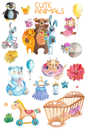Cute watercolor animals and different elements for childrenの写真素材
