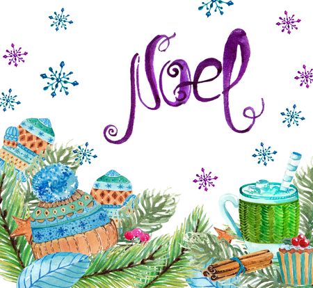 Christmas background with different colorful elements, watercolor illustration for holiday designの写真素材