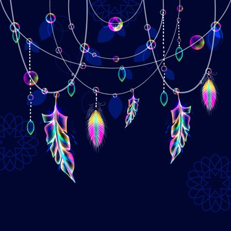 Bright pendant with feathers and beads over dark, modern illustrationのイラスト素材