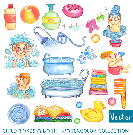Watercolor children and bath time over white background. Cute funny kids and elementsのイラスト素材