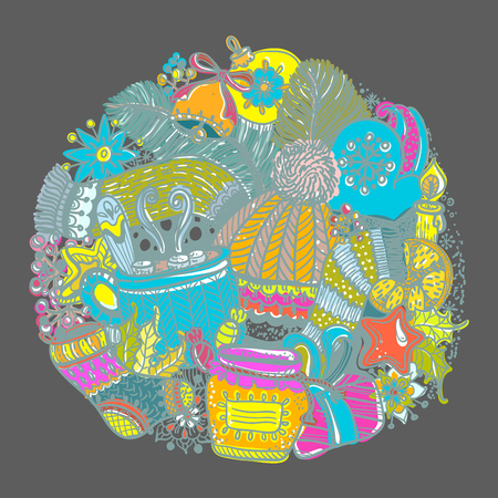 Christmas doodles round composition, holiday backgroundのイラスト素材