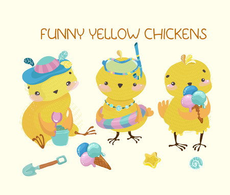 Happy cute baby chickens, funny cartoon charactersのイラスト素材