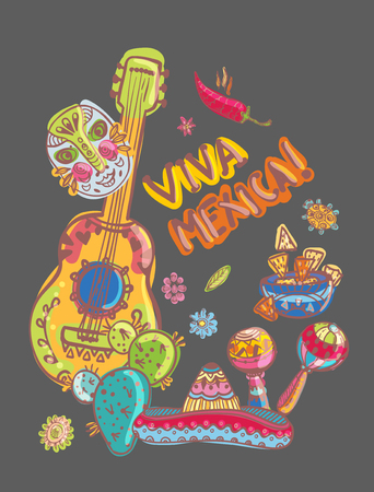 Mexico illustrations collection, colorful elements for design, guitar, nachos and masksのイラスト素材