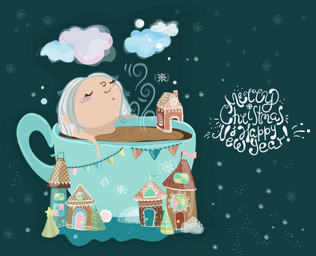 Cute little baby girl in the cup of tea, Christmas card.のイラスト素材