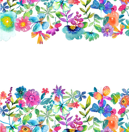 Watercolor color flowers, leaves and butterfly, bright and beautiful background isolated over whiteの写真素材