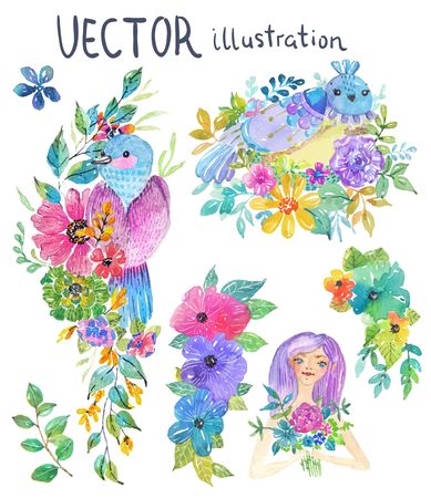 Watercolor color flowers, leaves and butterfly, bright and beautiful background isolated over whiteのイラスト素材