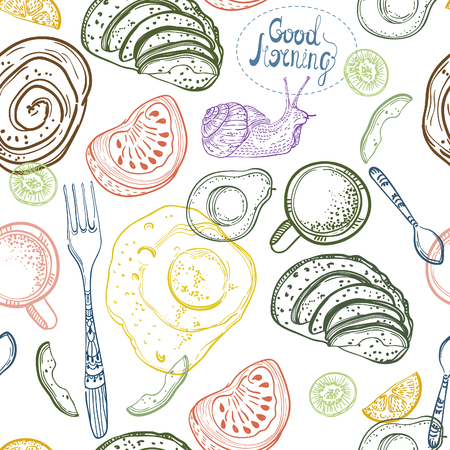 Breakfast time illustration, doodle hand drawing, seamless patternのイラスト素材
