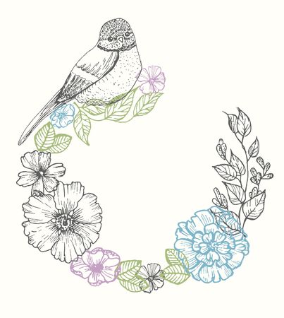 Card with birds and flowers, line drawings, ink drawing, hand drawn illustrationのイラスト素材