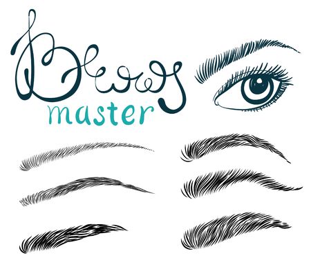 Illustration of beautiful female long eyelashes and brows. Trendy makeup with lettering, Concept for beauty salon, cosmetics label, visage or makeup studioのイラスト素材