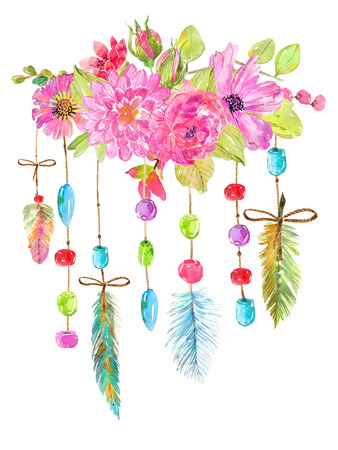 Watercolor beautiful floral design. Hand painted floral composition over white background. different kind of branches, flowers and leavesの写真素材