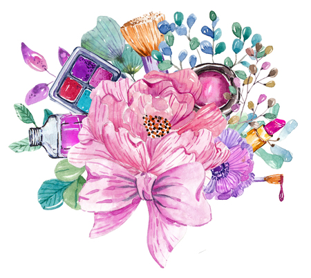 Cosmetic watercolor collection with flowers, beautiful make up bouquet over whiteの写真素材