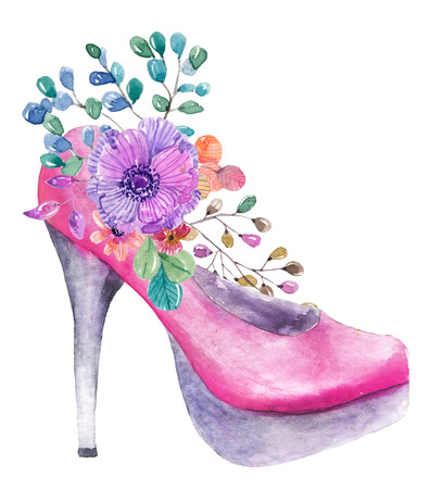 Beautiful watercolor high heel shoe with flowers over whiteの写真素材