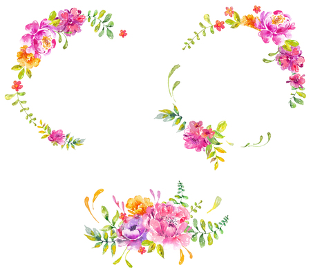 Watercolor beautiful floral design. Hand painted floral composition over white background. different kind of branches, flowers and leaves, big collectionの写真素材