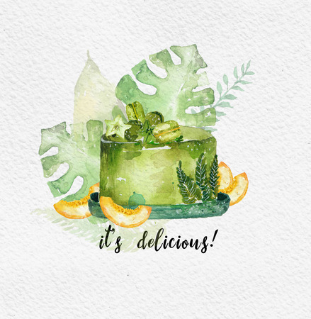 Watercolor green cake with exotic plants and fruits, beautiful food backgroundの写真素材