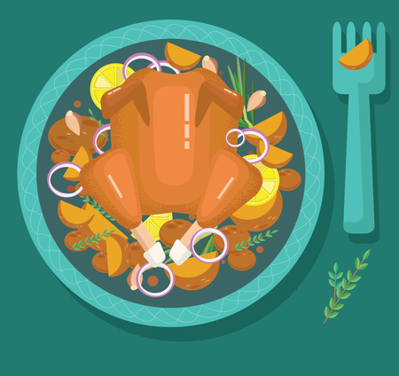 fried chicken, roast turkey, festive dinner, modern flat style, illustration, top viewのイラスト素材