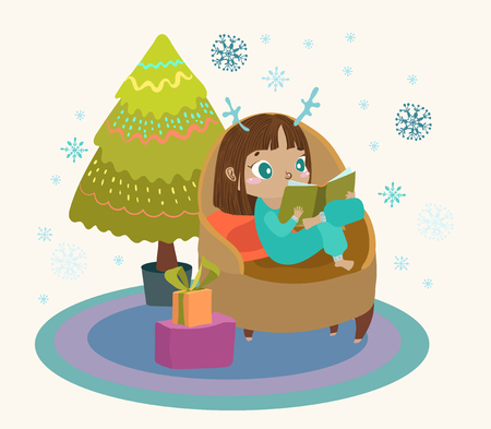 Cute child reading a book in a large armchair, a Christmas tree and gifts, an illustration for a new year or Christmas card designのイラスト素材