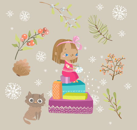 cute girl, child, cuts a snowflake sitting on a mountain of gifts, new year illustration, card designのイラスト素材