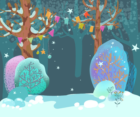 Beautiful, cozy, winter landscape, forest, fancy trees with garlands, illustration for the design of postcards for the holiday of Christmas or New Yearのイラスト素材