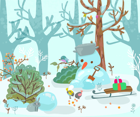 winter forest illustration, landscape with a snowman and sled, beautiful children's illustration for the holiday of Christmas or the New Yearのイラスト素材
