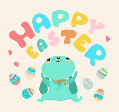 Easter illustration, Cute cartoon rabbit and colorful lettering - Happy Easterのイラスト素材