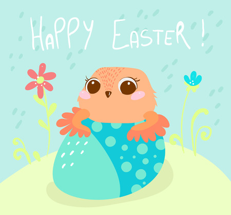 Easter card, funny chicken looks out of the egg, beautiful designのイラスト素材