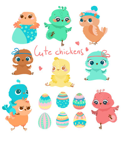 Easter picture, cartoon different chickens, different characters and colored eggsのイラスト素材