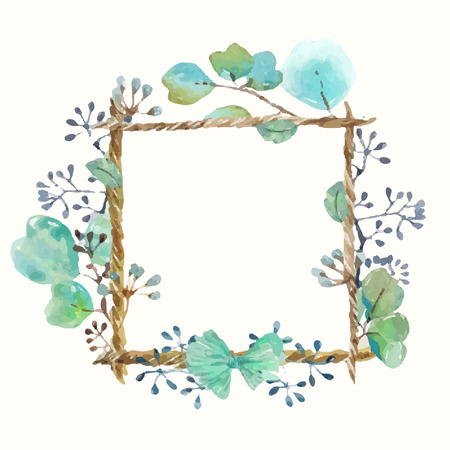 Watercolor frame with leaves and seeds and twine with a bow, handmade, beautiful frame for the design of cards, invitations, scrapbooking and otherのイラスト素材