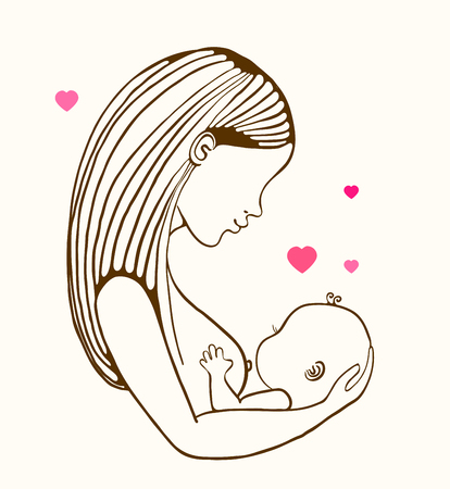 Mother breast feeding and cute baby, linear illustrationのイラスト素材