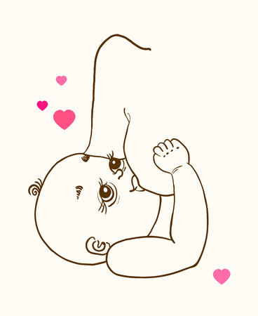 Mother breast feeding and cute baby, linear illustrationのイラスト素材