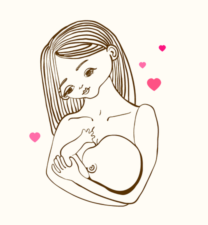 Mother breast feeding and cute baby, linear illustrationのイラスト素材