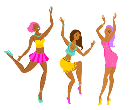 Three bright dancing girls, holiday illustrationのイラスト素材