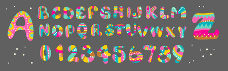 Colorful, fun alphabet and numbers, festive and fun for beautiful design of greeting cards or birthday invitationsの写真素材