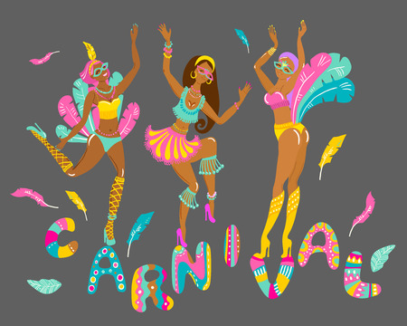 Three beautiful cheerful girls, dancers at a festival or carnival in bikini and feathers, simple style, flat illustrationの写真素材