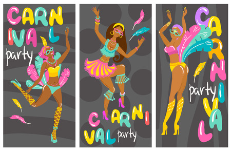 Three beautiful cheerful girls, dancers at a festival or carnival in bikini and feathers, simple styleの写真素材