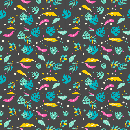 Seamless pattern with exotic leaves and feathersの写真素材