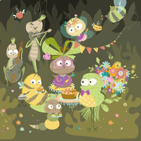 Insects celebrate birthdayのイラスト素材