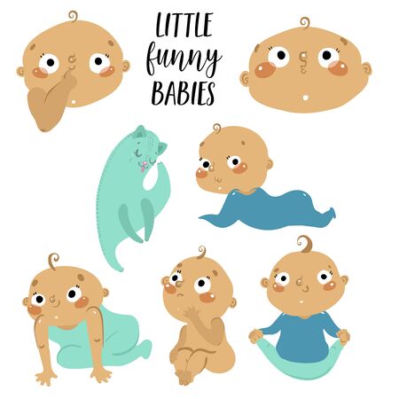 Babies collection, different poses and emotionsのイラスト素材