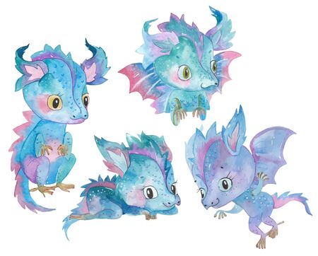 Set of Watercolor hand painted cute little dragons on white.の写真素材