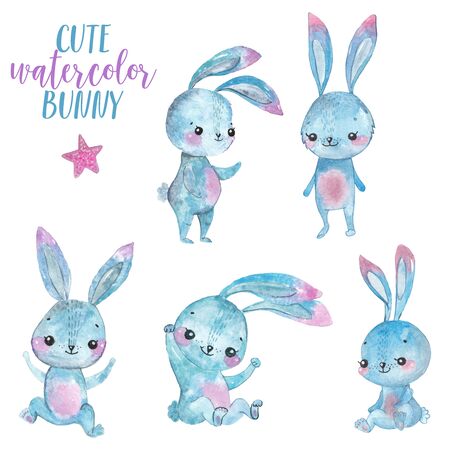 Watercolor Bunny set, Children Animal clipart, different poses and emotions for scrapbookingの写真素材