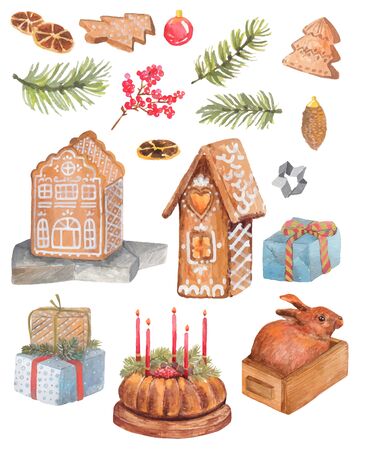 Christmas watercolor set, holiday design elementsの写真素材