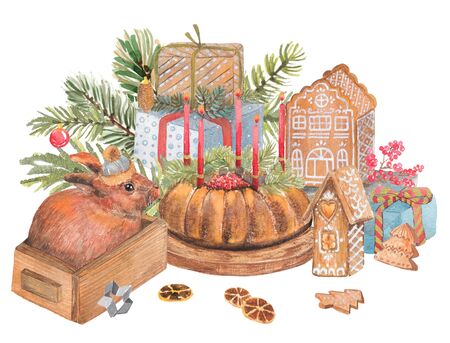 Christmas watercolor still life with sweetsの写真素材