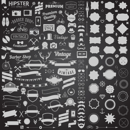 Huge set of vintage styled design hipster icons. Vector signs and symbols templates for your design.The largest set of bicycle, phone, gadgets, sunglasses, mustache, anchor, ribbons and other things.のイラスト素材