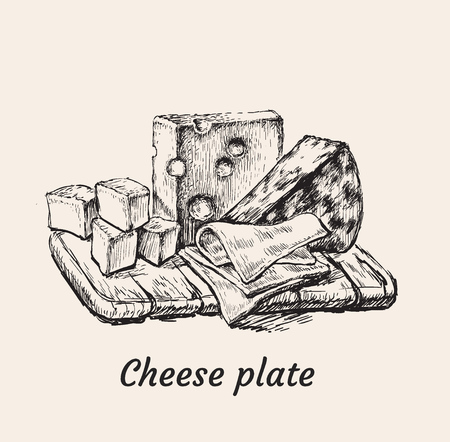 Cheese Plate Hand Drawing Vector Illustration.のイラスト素材
