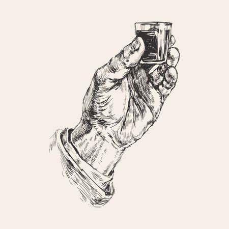 Male Hand Holding a Shot of Alcohol Drink. Hand Drawing Vectorのイラスト素材