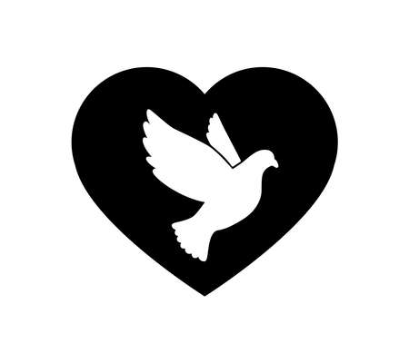Black Silhouette of Flying Dove with Heart Vector Icon Templateのイラスト素材